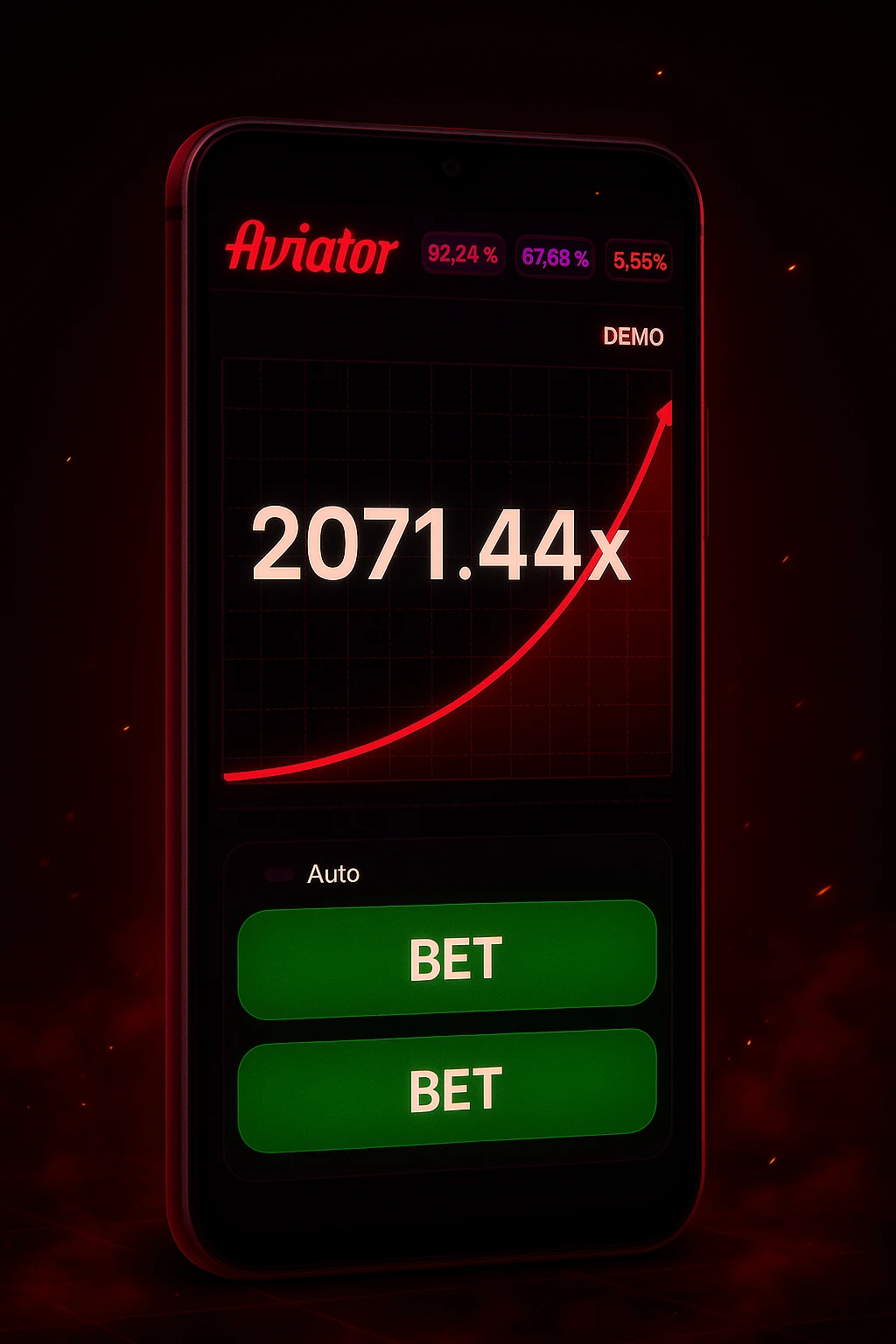 Pantalla dividida del juego Aviator en modo demo. Gráficos de vuelo, aviones rojos y etiquetas de interfaz resaltadas.