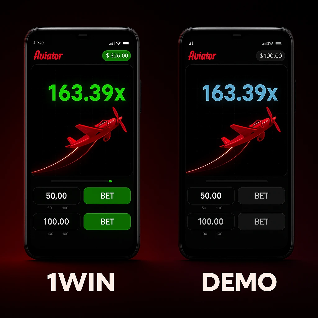 Explora las diferencias visuales entre la versión demo de Aviator y el juego con dinero real en 1Win. Interfaz clara y multiplicadores destacados.